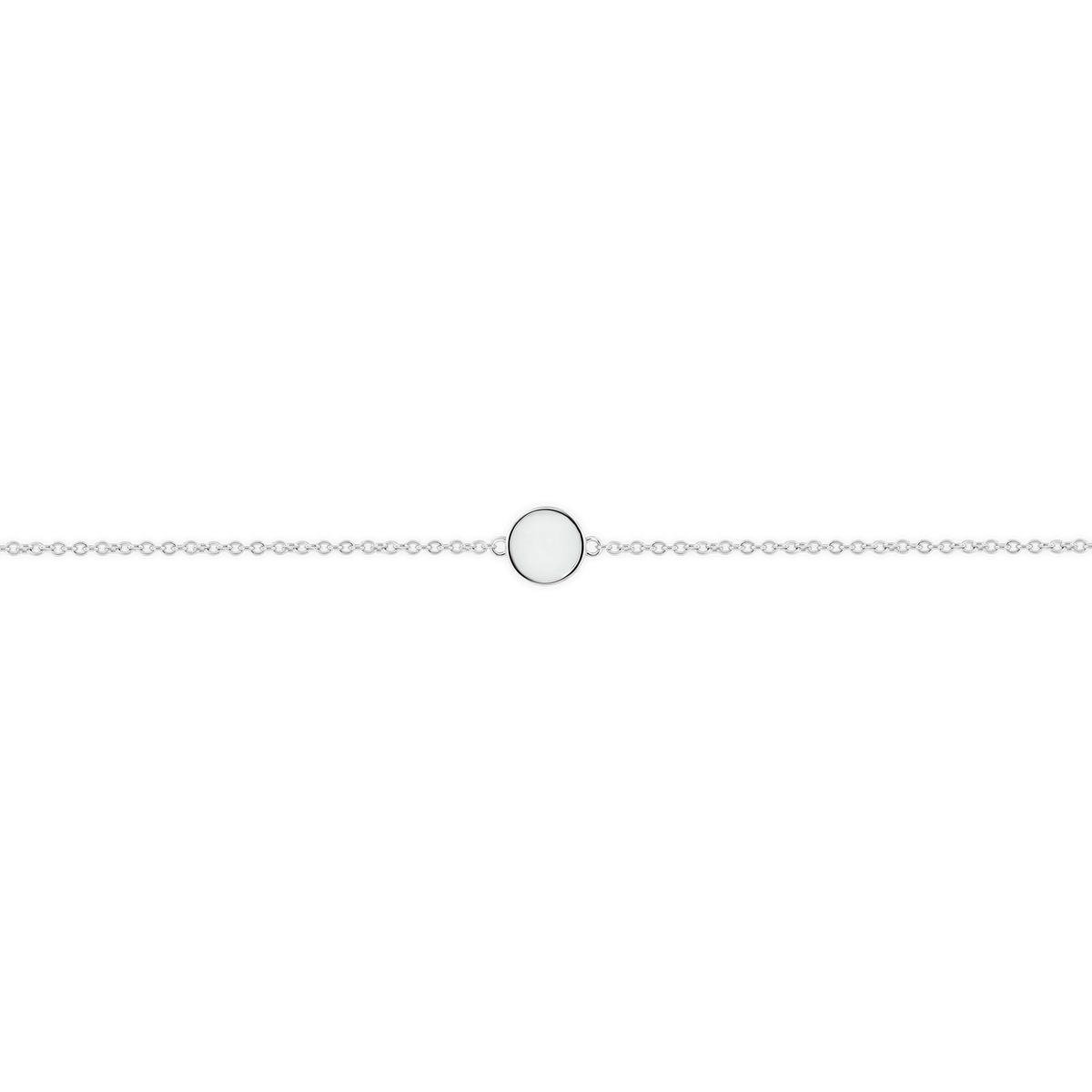 Armband van 925 zilver met een ronde schijf van moedermelkhars in het midden, eenvoudig en elegant ontwerp.