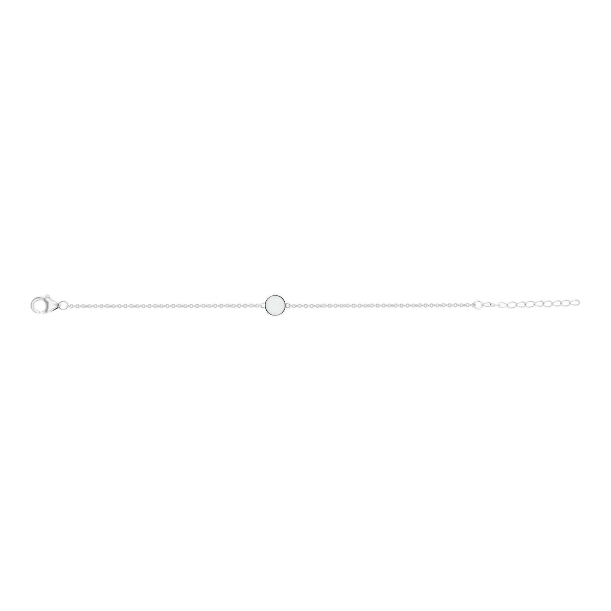 Armband van 925 zilver met een ronde schijf waarin moedermelk is verwerkt, met een delicate schakelketting.