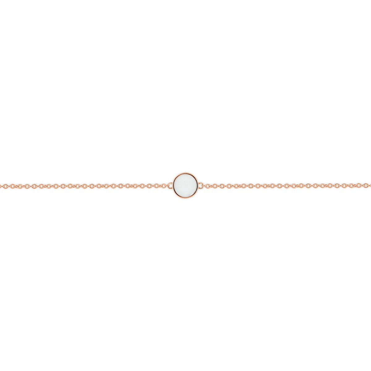 Roségouden armband met een ronde moedermelkhars steen in het midden, elegant en minimalistisch van ontwerp.