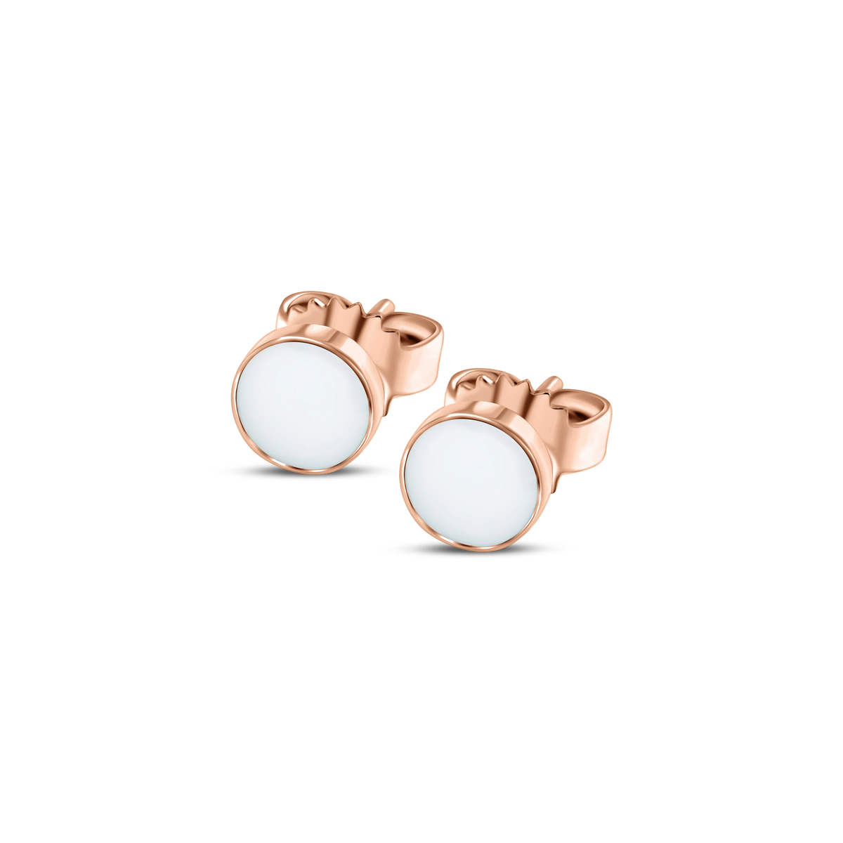 Roségouden oorstekers met een ronde, witte moedermelkhars steen, eenvoudig en elegant van ontwerp.