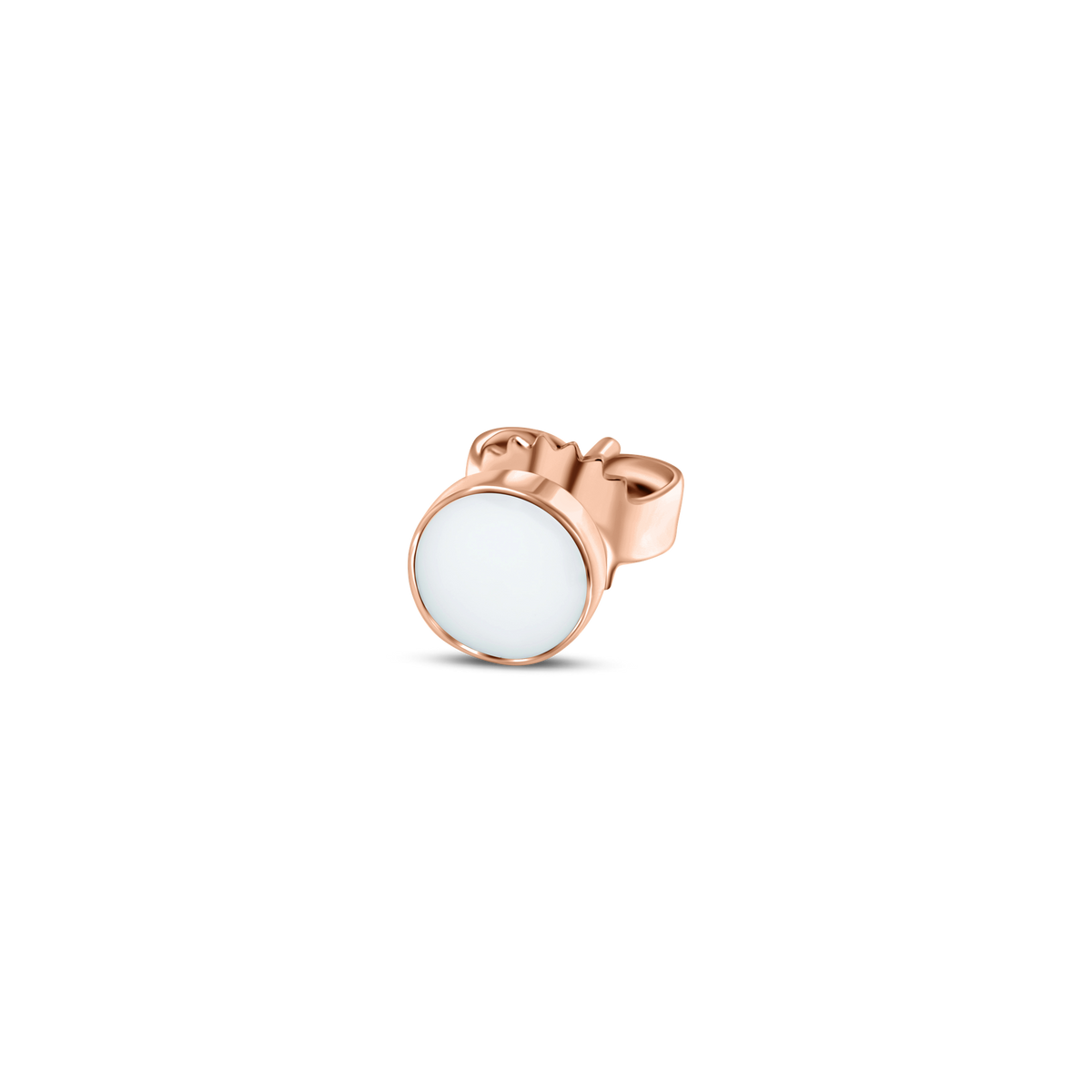 Roségouden oorstekers met een ronde, witte moedermelkhars steen, eenvoudig en elegant van ontwerp.