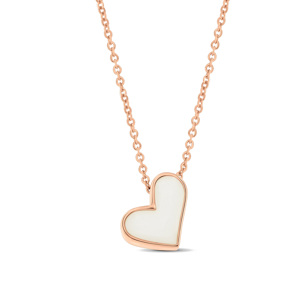 Roségouden hanger in de vorm van een hart met een vlak van moedermelkhars, hangend aan een schakelketting.