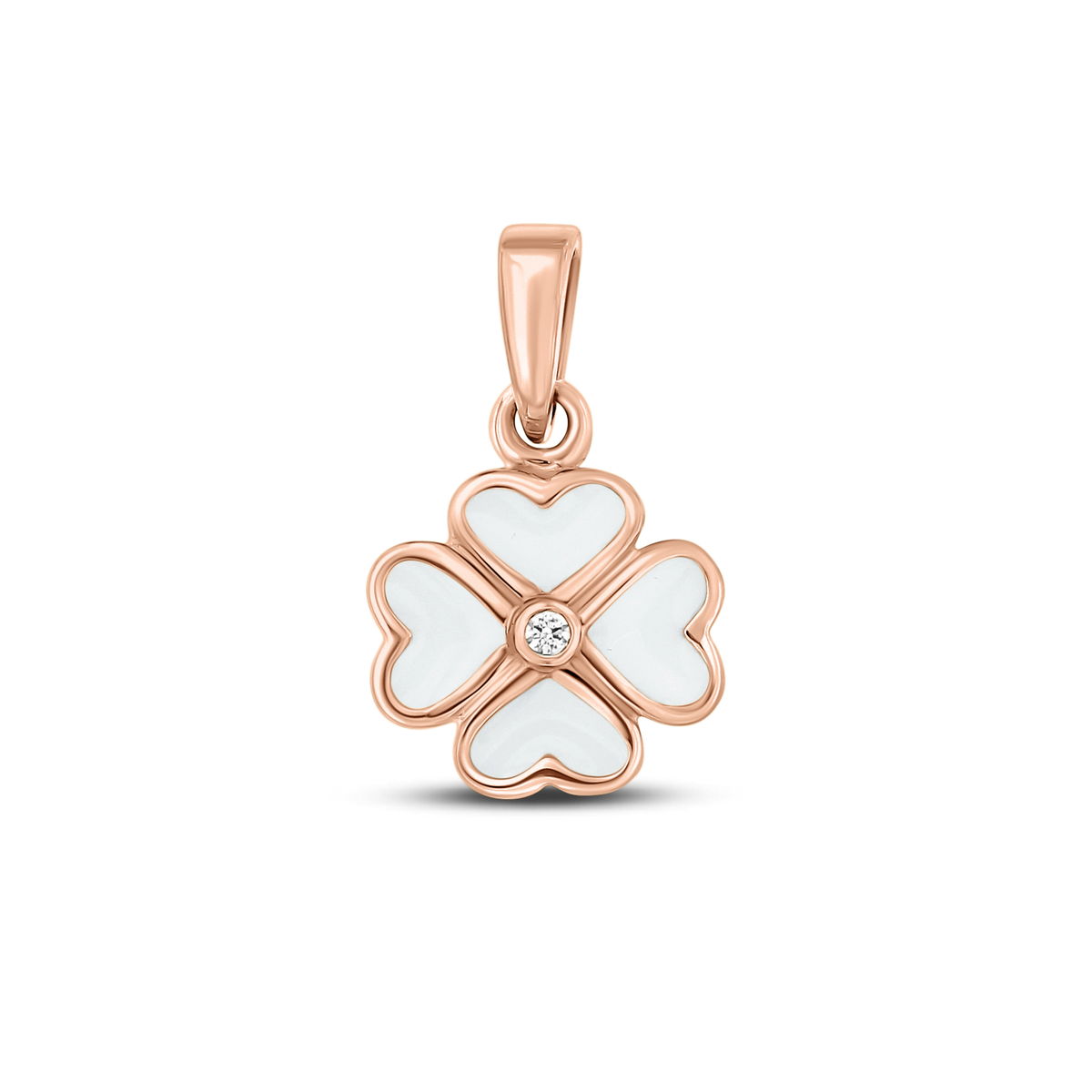 Roségouden hanger in de vorm van een bloem met vier hartvormige blaadjes, voorzien van een witte moedermelkhars en een zirkonia in het midden.
