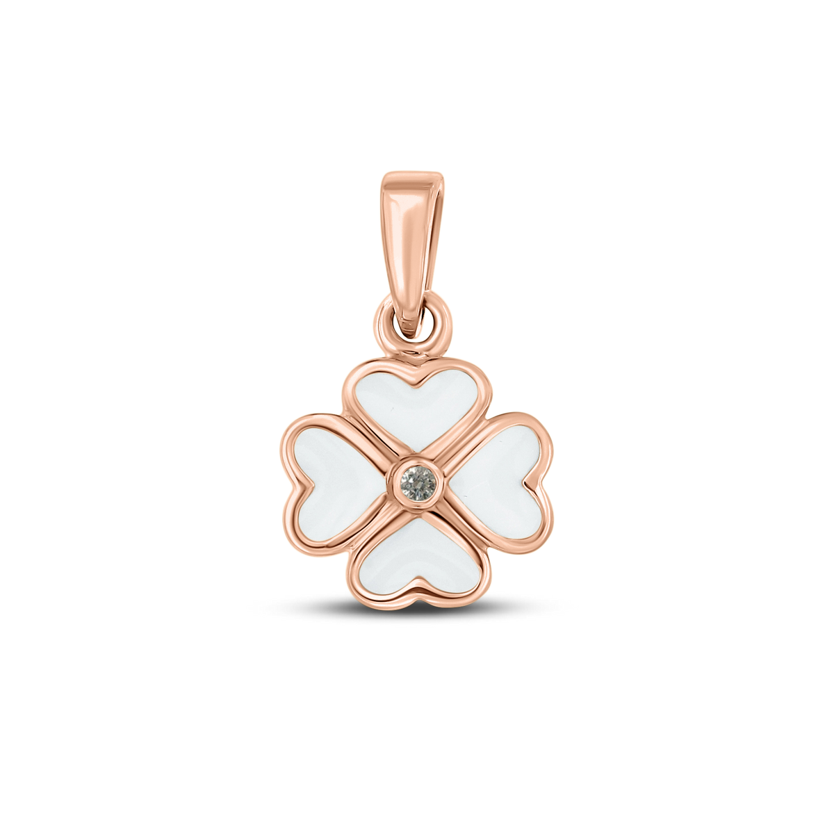 Roségouden hanger in de vorm van een bloem met vier hartvormige blaadjes en een centrale zirkonia.