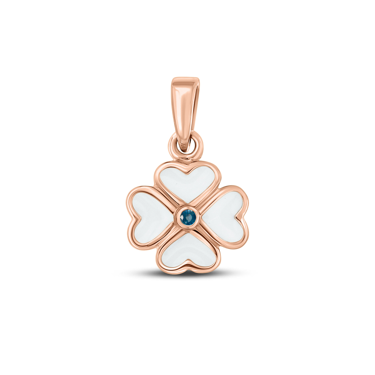 Roségouden hanger in de vorm van een bloem met vier hartvormige blaadjes, gevuld met moedermelkhars en een blauwe geboortesteen in het midden.