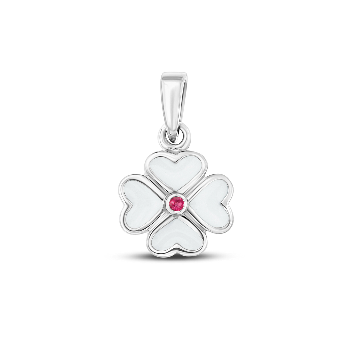 Hanger in witgoud met een bloemvorm, voorzien van een hartvormig vlak van moedermelkhars en een roze geboortesteen in het midden.