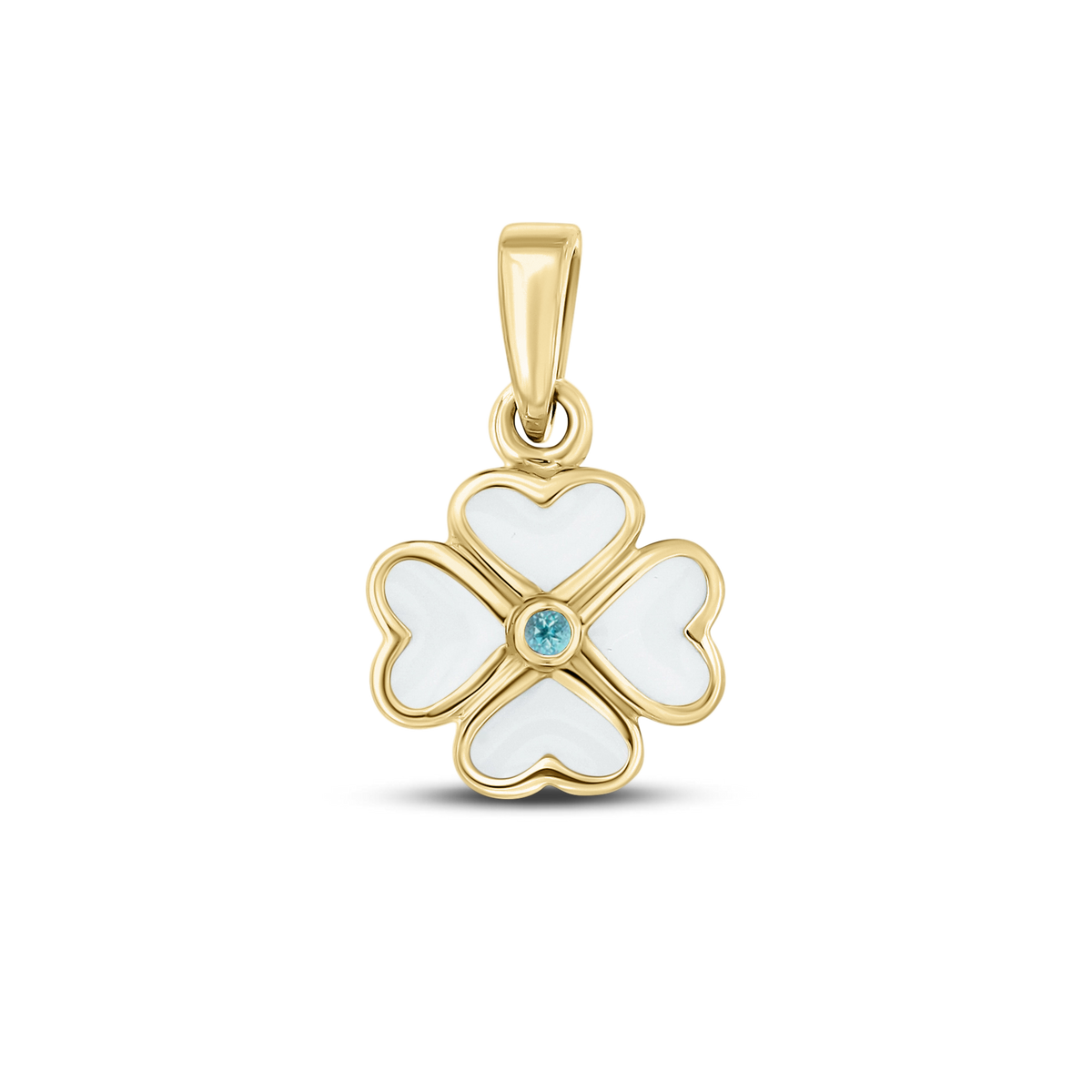 Hanger in geelgoud met een bloemvormige schijf van moedermelkhars en een lichtblauwe geboortesteen in het midden.