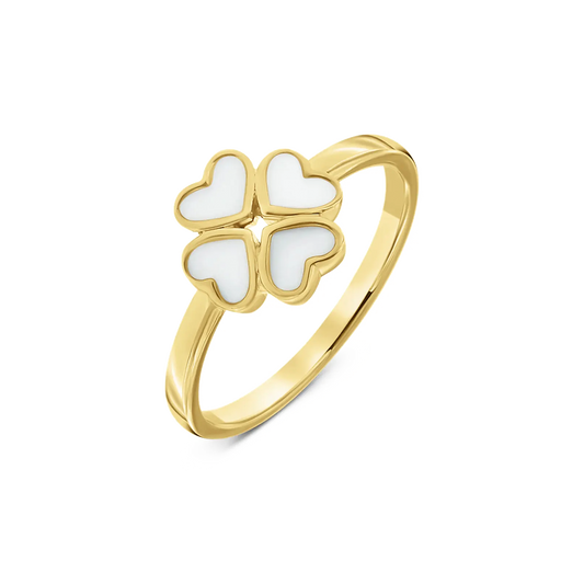 Ring van massief geelgoud met een bloemvormige opbouw van vier hartjes, gevuld met moedermelkhars.