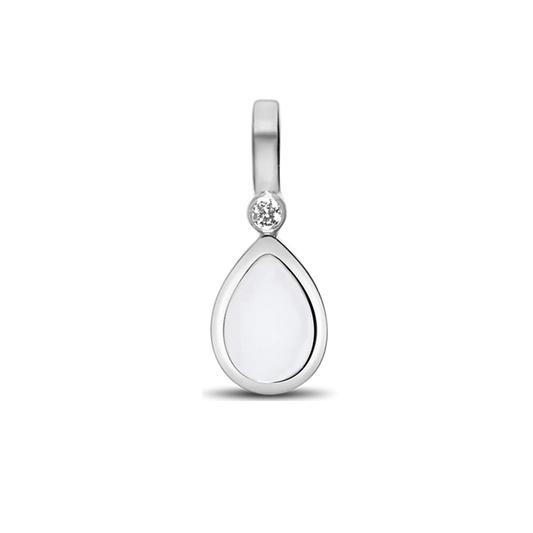 Hanger in 925 zilver met een druppelvormige moedermelkhars en een zirkonia bovenaan.