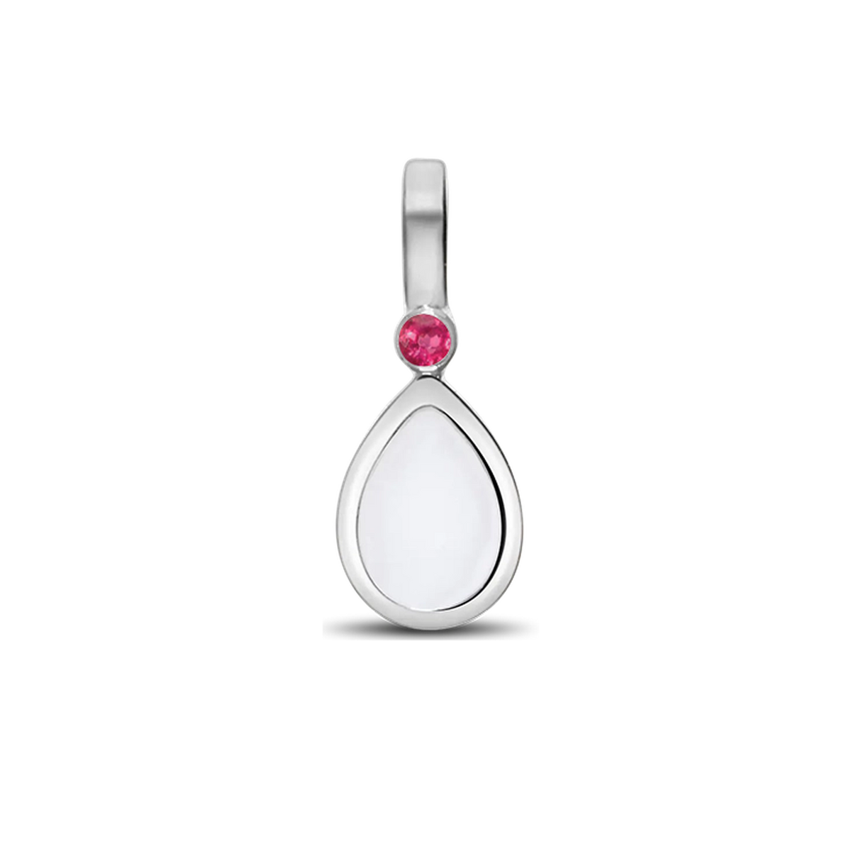 Moedermelk-hanger in 925 zilver met een druppelvorm en een roze geboortesteen bovenaan.