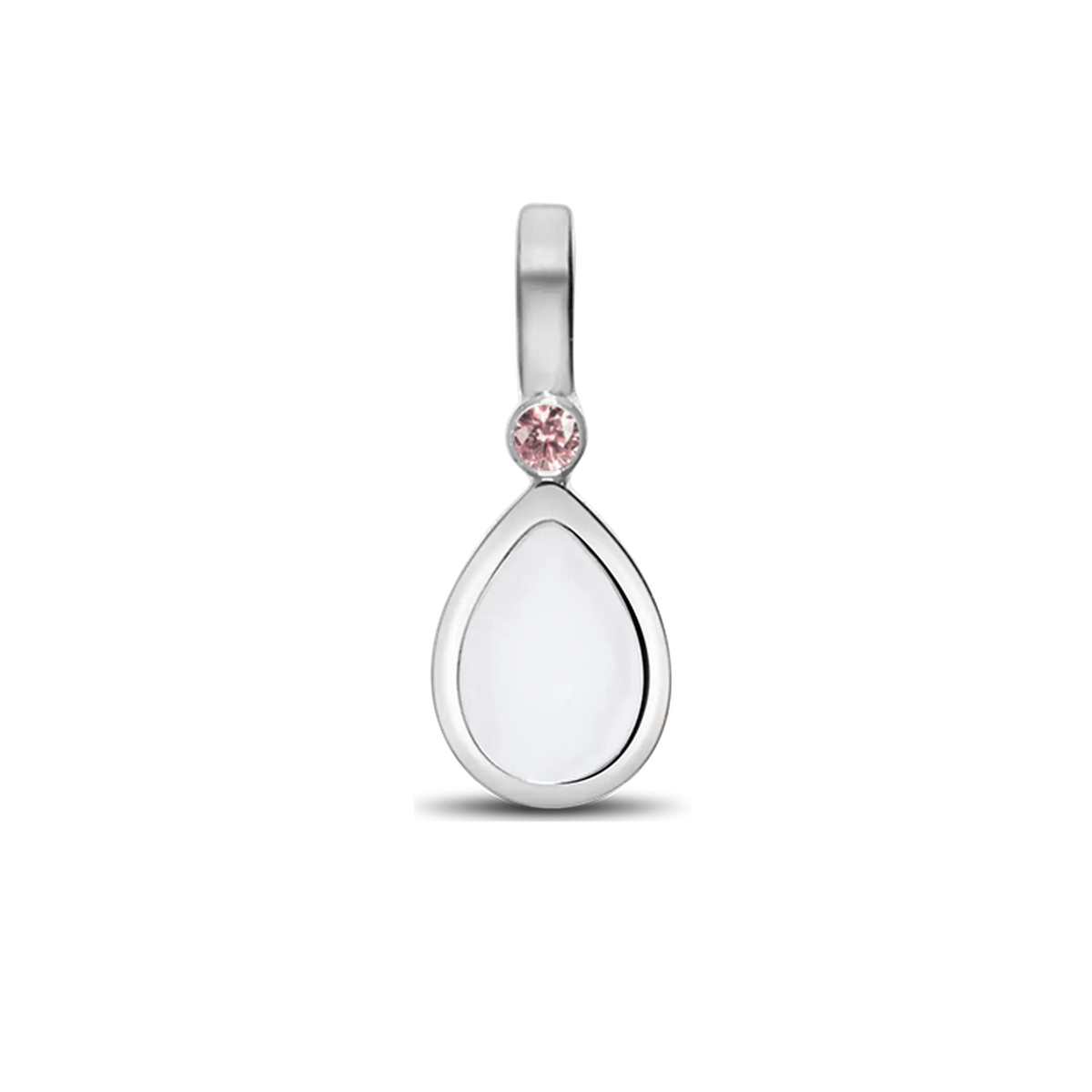Moedermelk-hanger in 925 zilver met een druppelvorm en een roze zirkonia bovenaan.