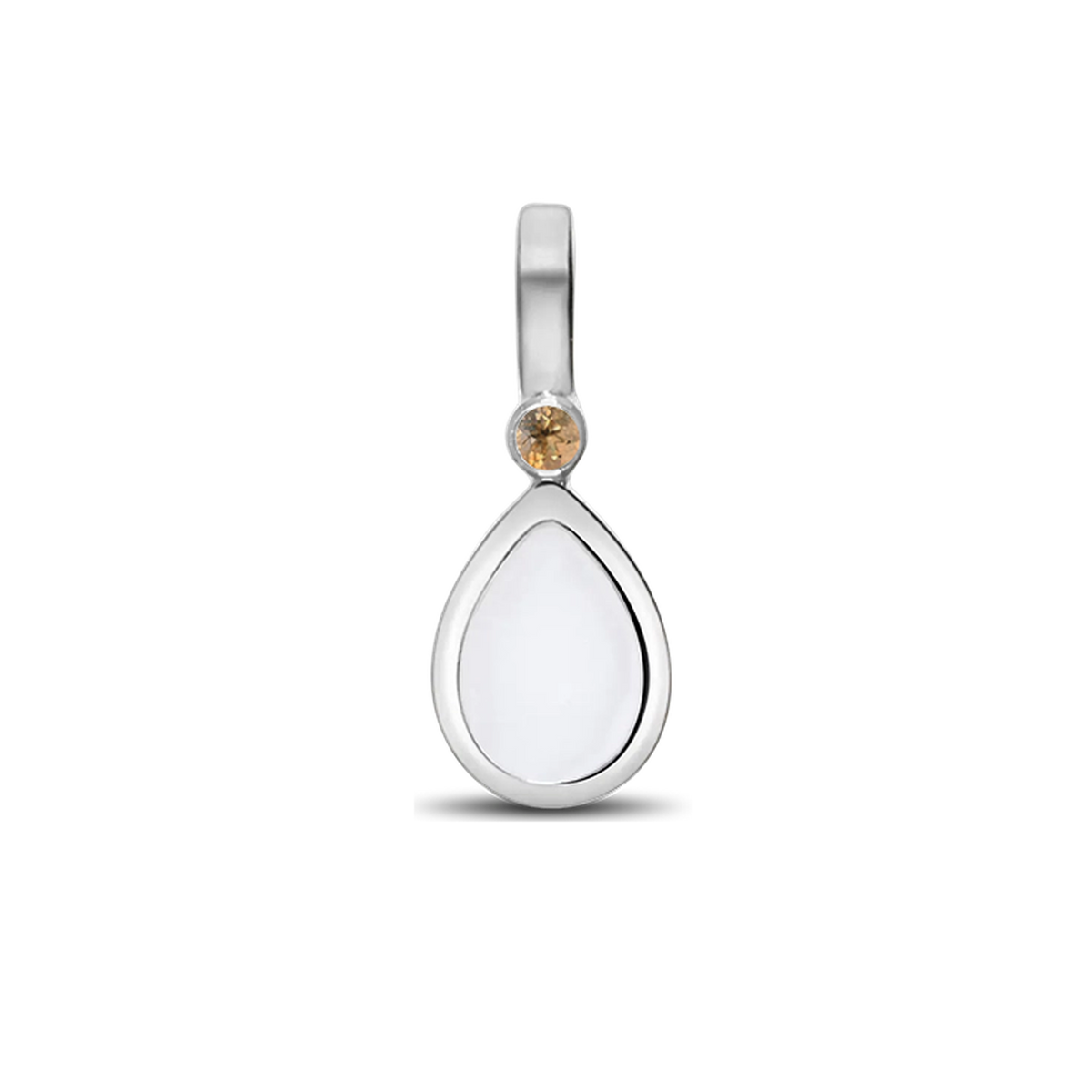 Hanger in 925 zilver met een druppelvormige moedermelkhars en een gele zirkonia bovenaan.