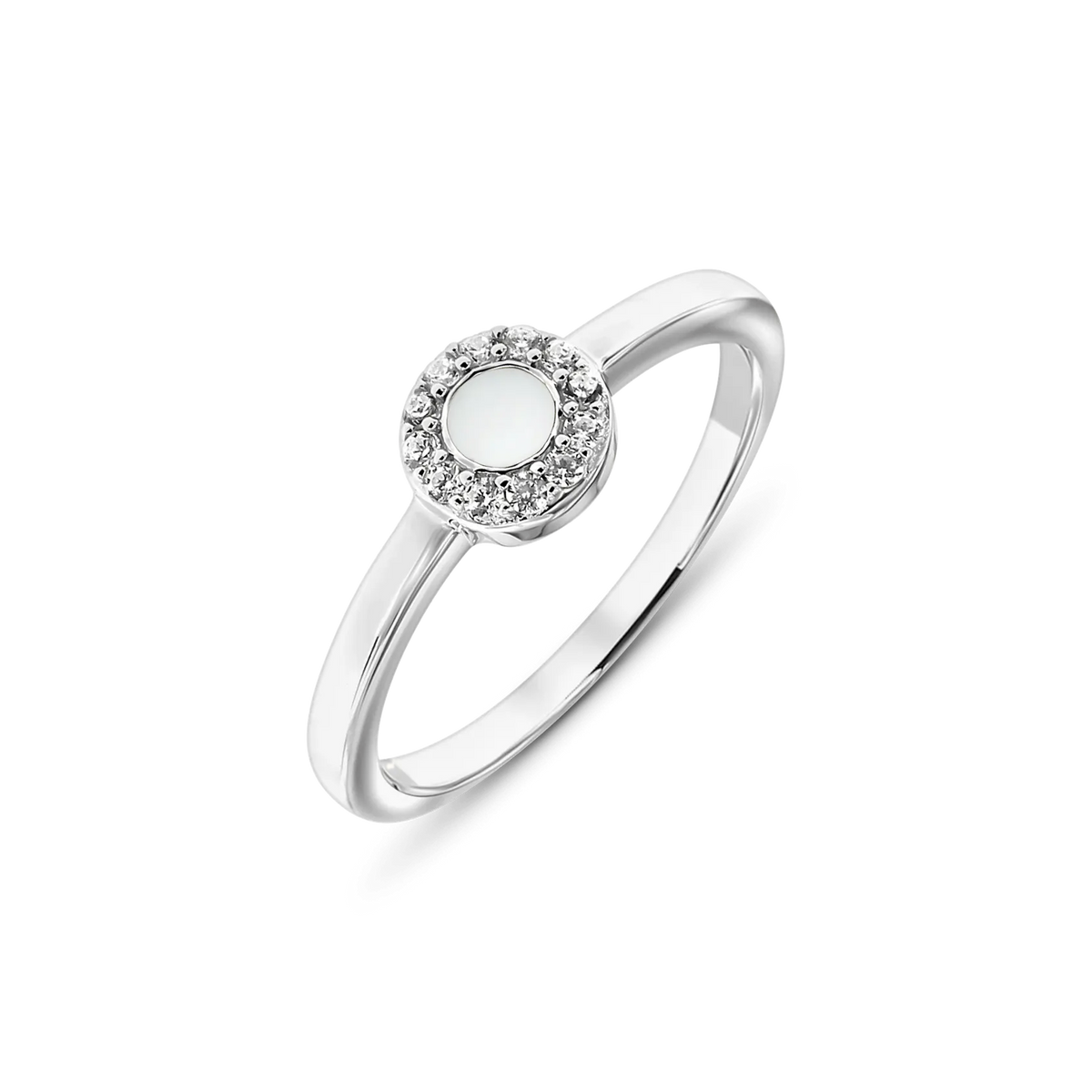 Massief witgouden ring met een ronde moedermelkhars in het midden, omringd door een cirkel van zirkonia.