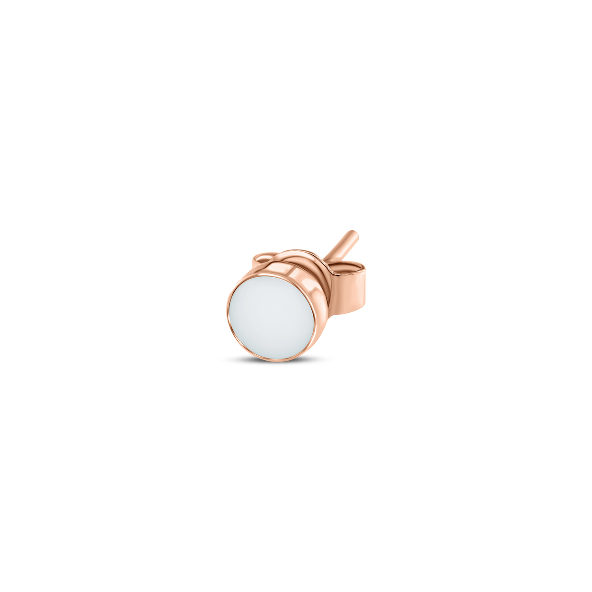 Roségouden moedermelk-oorsteker met een ronde, witte harssteen.