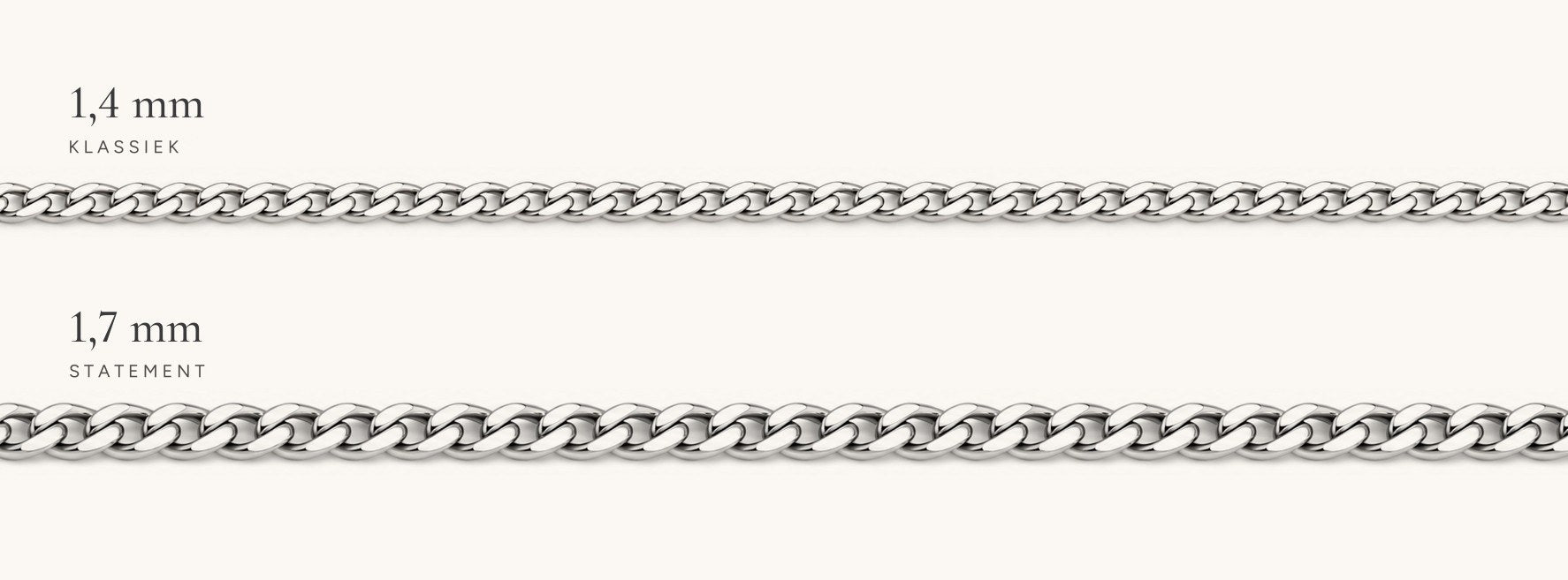 Zilveren kettingen Klassiek 1,4 mm en Statement 1,7 mm naast elkaar