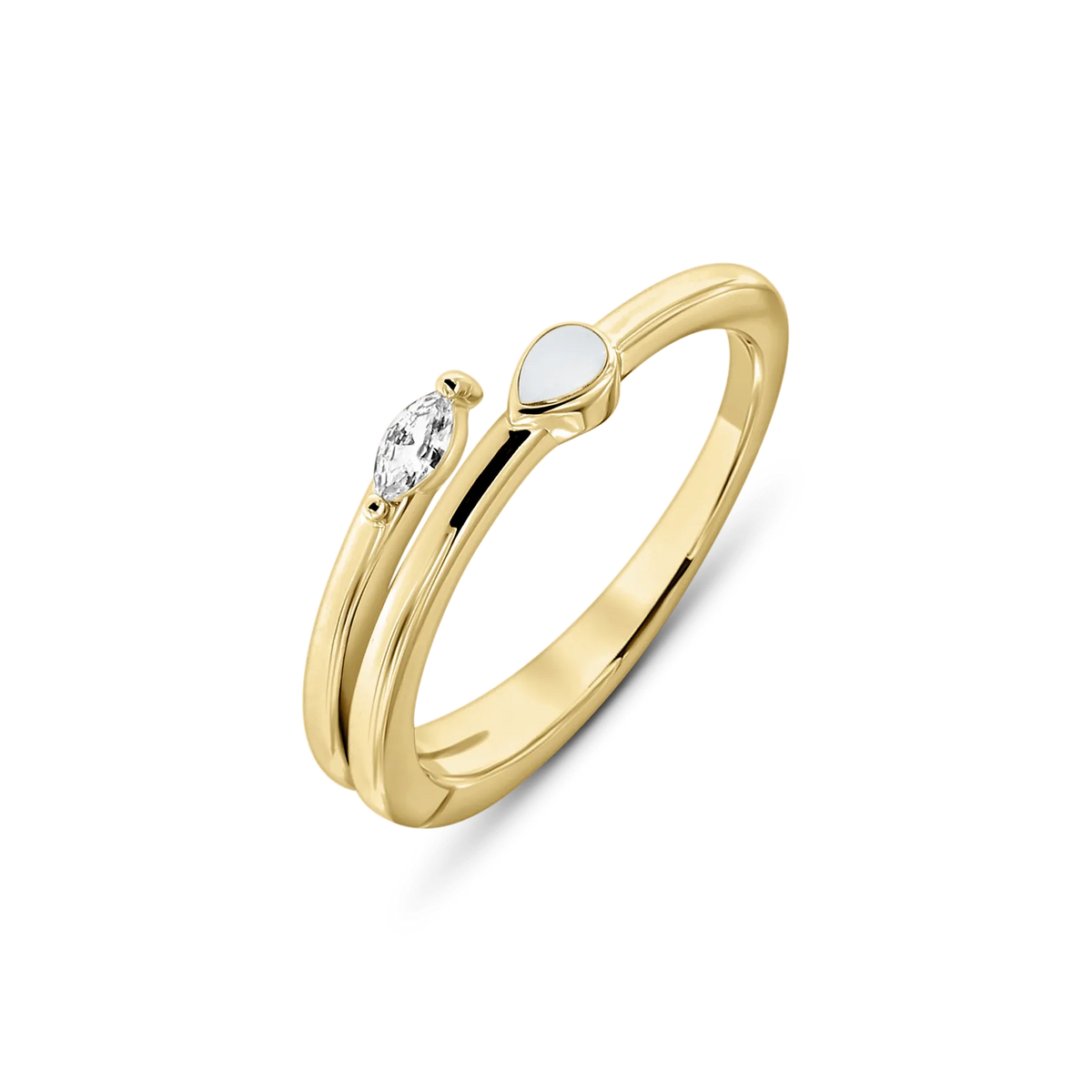 Massief geelgouden ring met een ovale zirkonia en een druppelvormige moedermelkhars, elegant en modern van ontwerp.