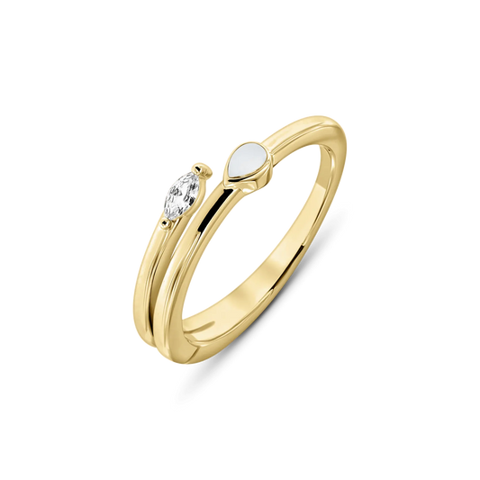 Massief geelgouden ring met een ovale zirkonia en een druppelvormige moedermelkhars, elegant en modern van ontwerp.