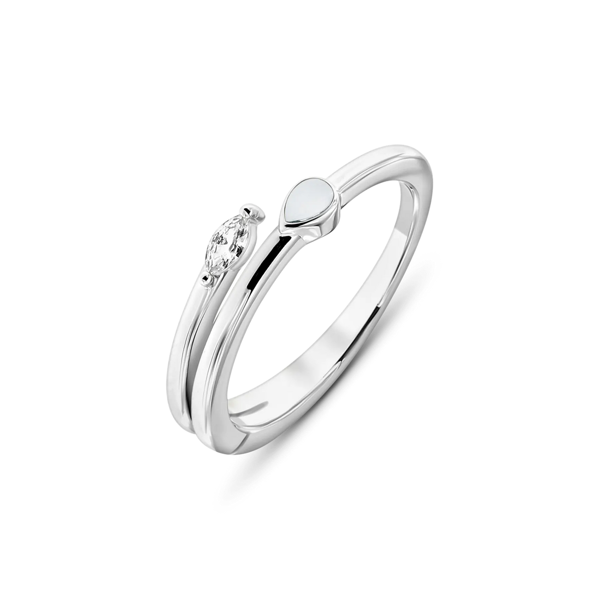 Massief witgouden ring met een druppelvormige moedermelkhars en een kleine zirkonia aan de zijkant.