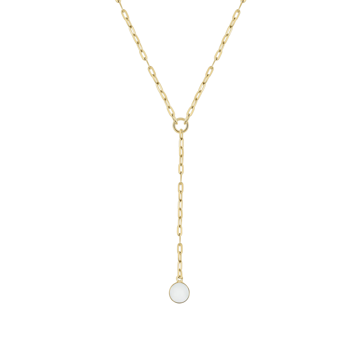 Hanger van massief geelgoud met een ronde moedermelkhars in het midden, hangend aan een schakelketting.