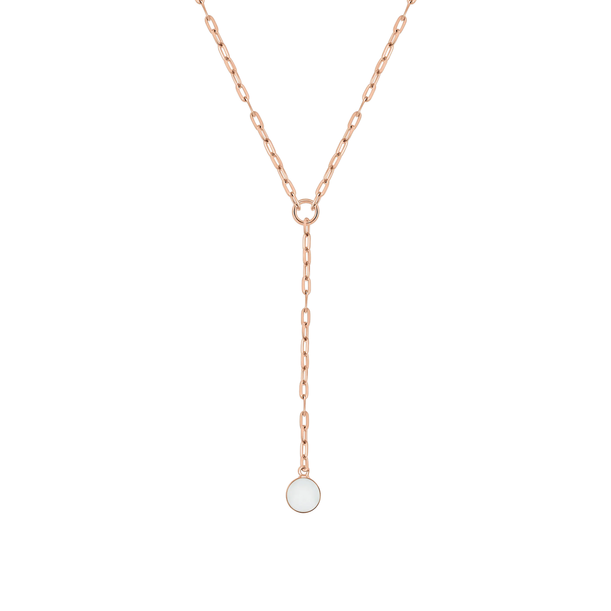 Roségouden hanger met een ronde moedermelkhars en een delicate schakelketting, elegant en tijdloos.