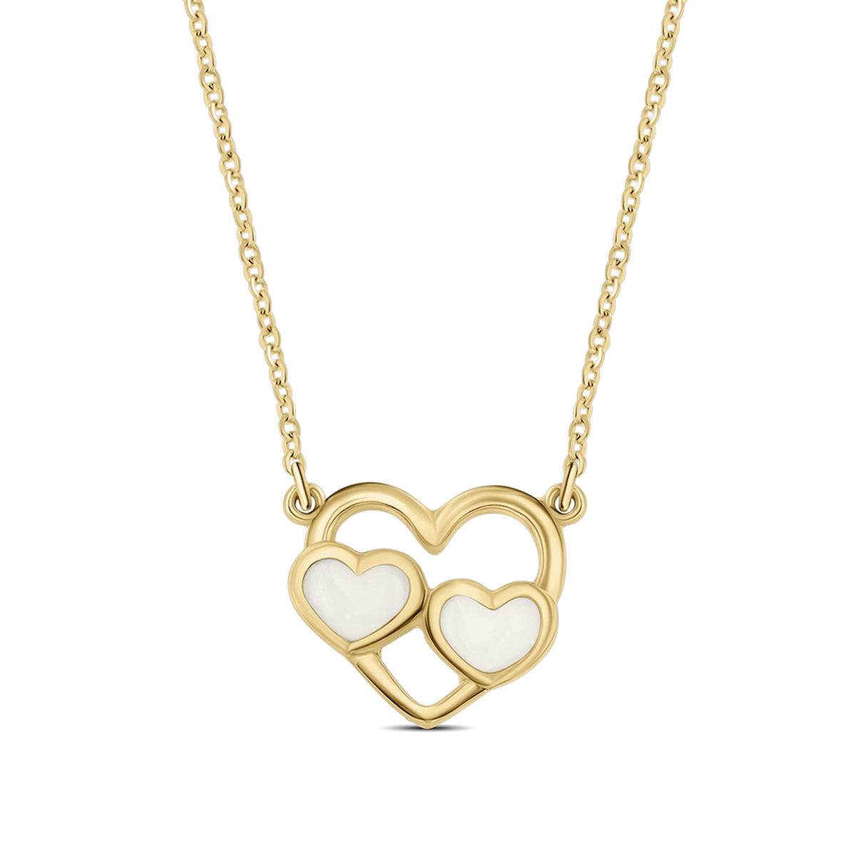 Hanger in geelgoud met twee hartvormige elementen van moedermelkhars, verbonden door een elegante ketting.