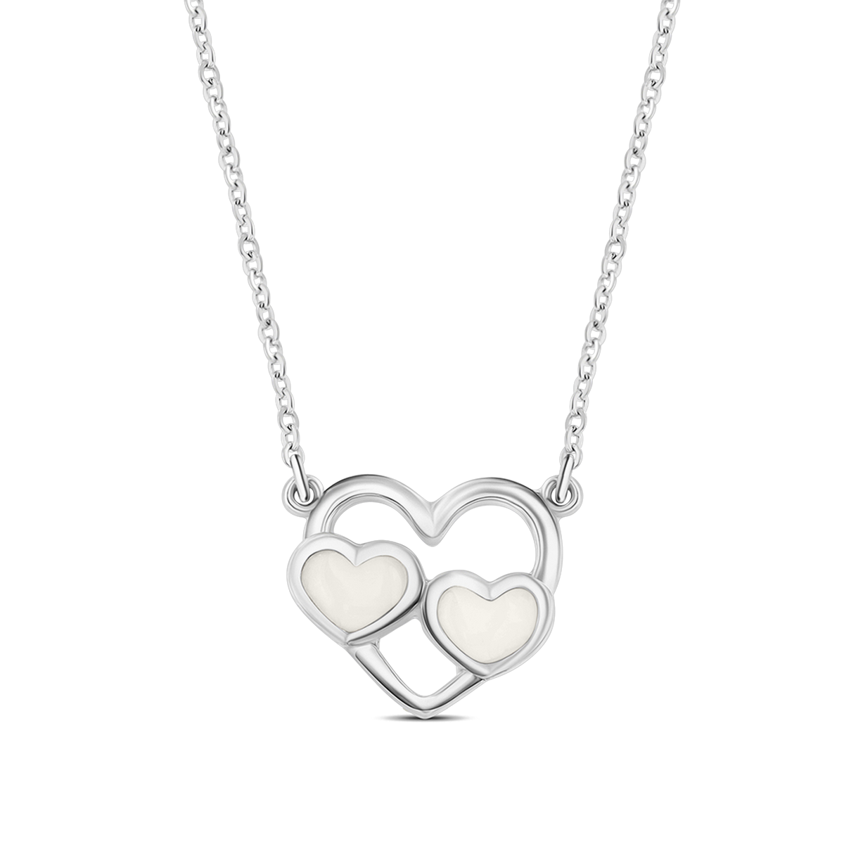 Hanger in massief witgoud met twee hartvormige elementen van moedermelkhars, hangend aan een fijne schakelketting.